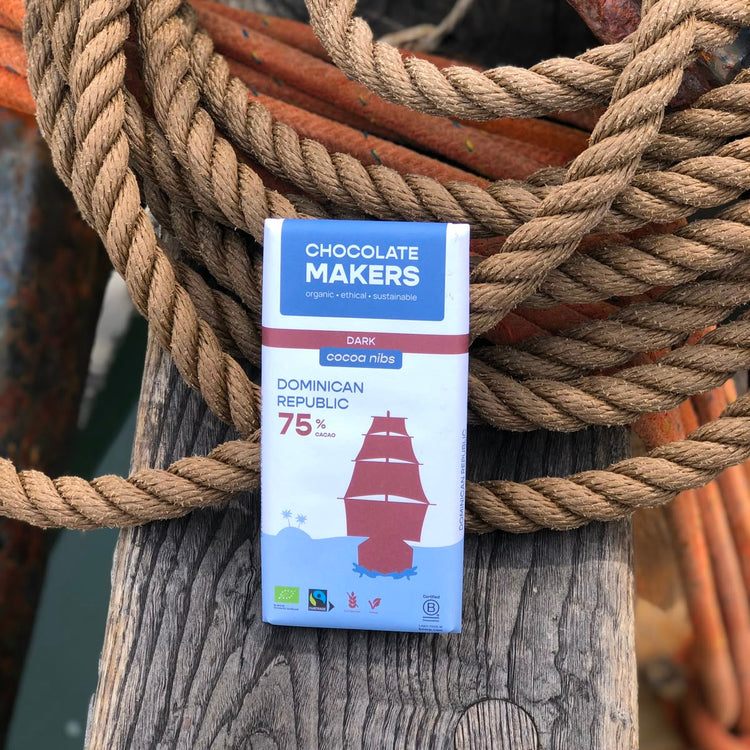 Tres Hombres Chocolate Bar 75% cocoa with crispy cocoa nibs. Cocoa sailed to Europe on board Engineless Sailing Ship Tres Hombres.
