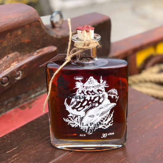 A bottle of the new Tres Hombres Captain's Choice Rum "The King". A 30 year-old rum from La Palma, distillery Aldea, transported by engineless sailing vessel Tres Hombres.