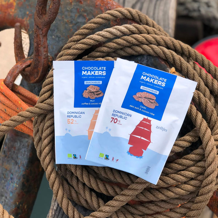 Tres Hombres Chocolate Pieces. Cocoa sailed to Europe on board Engineless Sailing Ship Tres Hombres.
