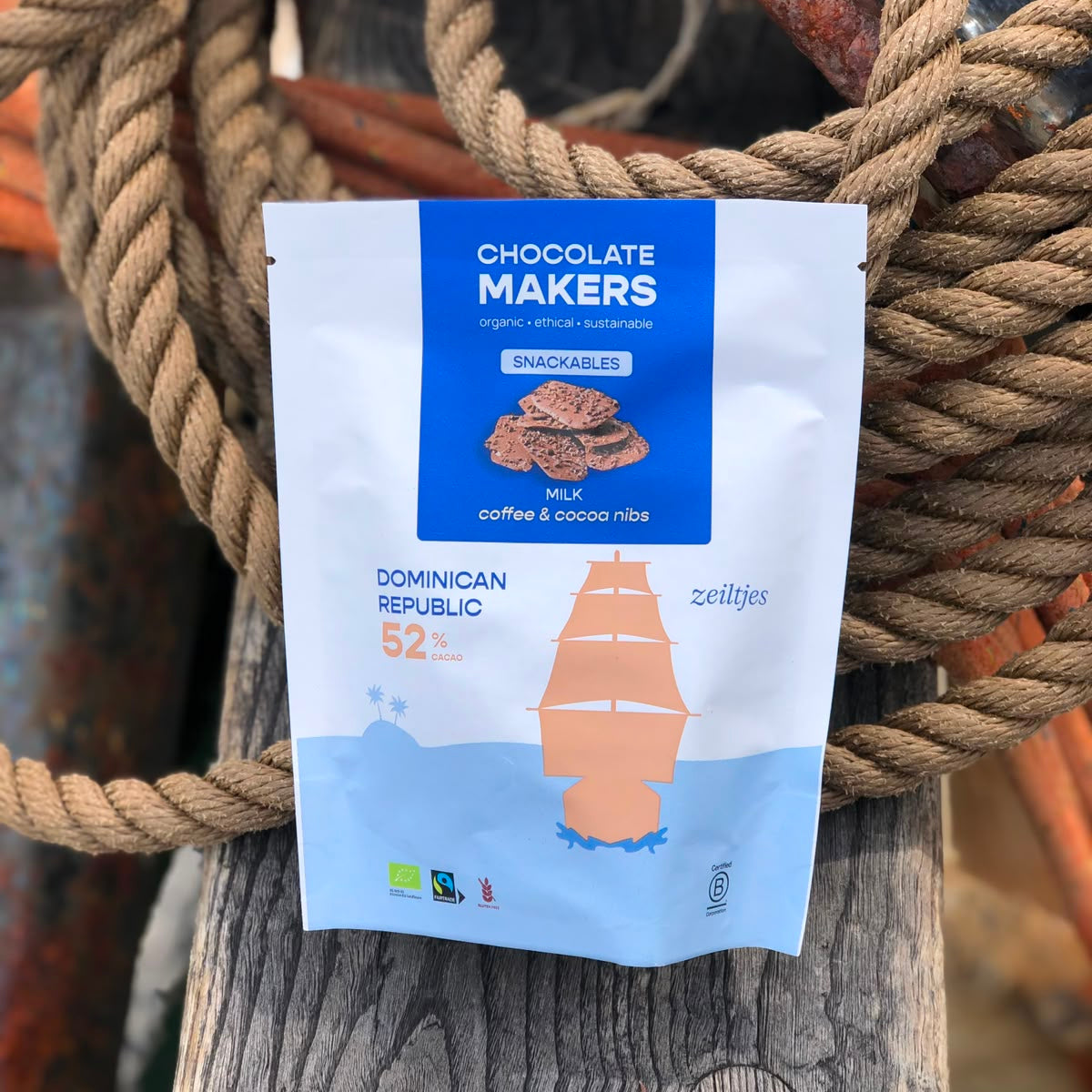 Tres Hombres Chocolate Pieces 52% cocoa with coffee notes. Cocoa sailed to Europe on board Engineless Sailing Ship Tres Hombres.