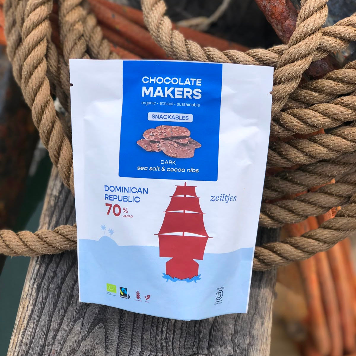 Tres Hombres Chocolate Pieces 70% cocoa with sea salt. Cocoa sailed to Europe on board Engineless Sailing Ship Tres Hombres.