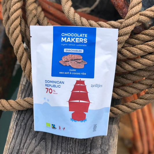 Tres Hombres Chocolate Pieces 70% cocoa with sea salt. Cocoa sailed to Europe on board Engineless Sailing Ship Tres Hombres.