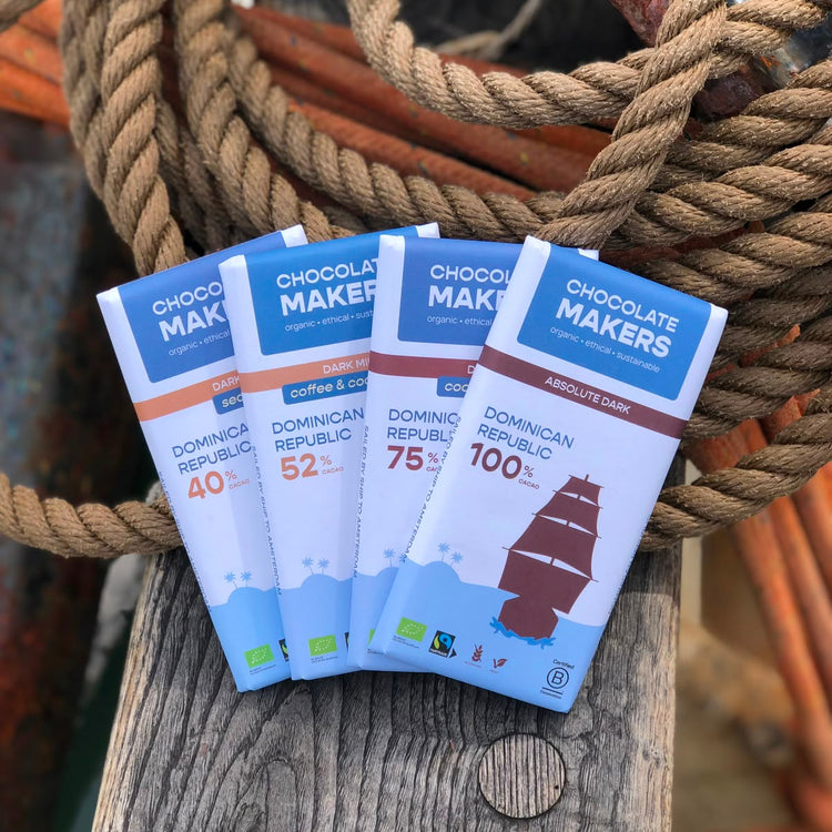 Tres Hombres Chocolate Bars. Cocoa sailed to Europe on board Engineless Sailing Ship Tres Hombres.