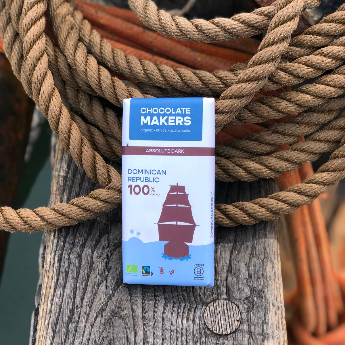 Tres Hombres Chocolate Bar 100% cocoa. Cocoa sailed to Europe on board Engineless Sailing Ship Tres Hombres.