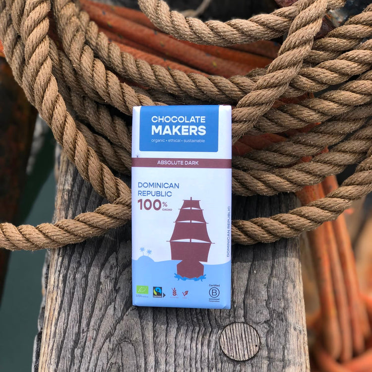 Tres Hombres Chocolate Bar 100% cocoa. Cocoa sailed to Europe on board Engineless Sailing Ship Tres Hombres.