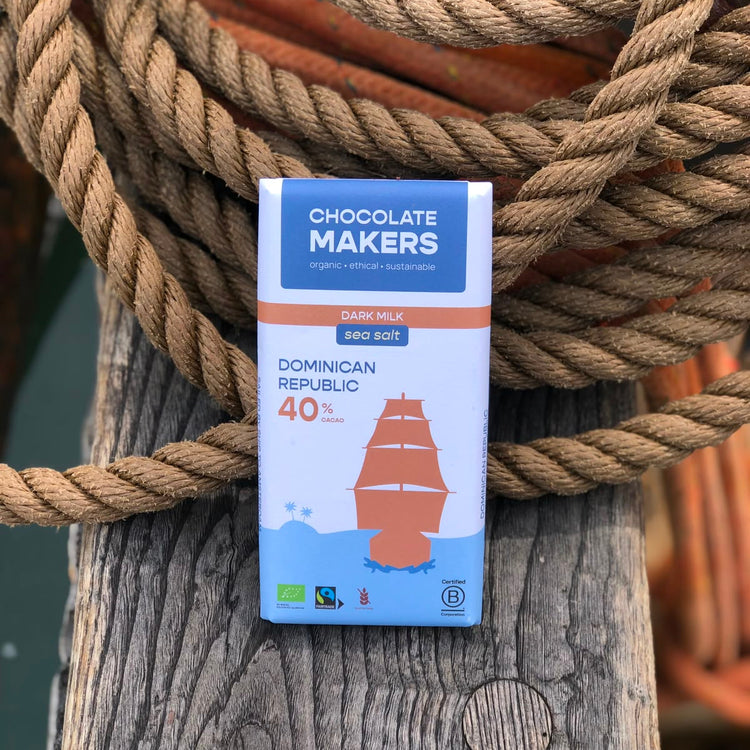 Tres Hombres Chocolate Bar 40% cocoa with sea salt. Cocoa sailed to Europe on board Engineless Sailing Ship Tres Hombres.
