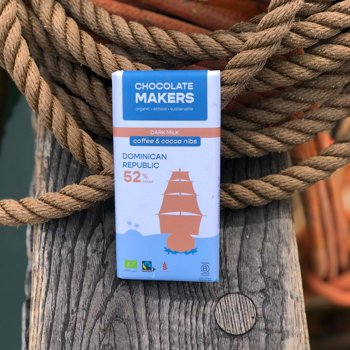 Tres Hombres Chocolate Bar 52% cocoa with coffee notes. Cocoa sailed to Europe on board Engineless Sailing Ship Tres Hombres.