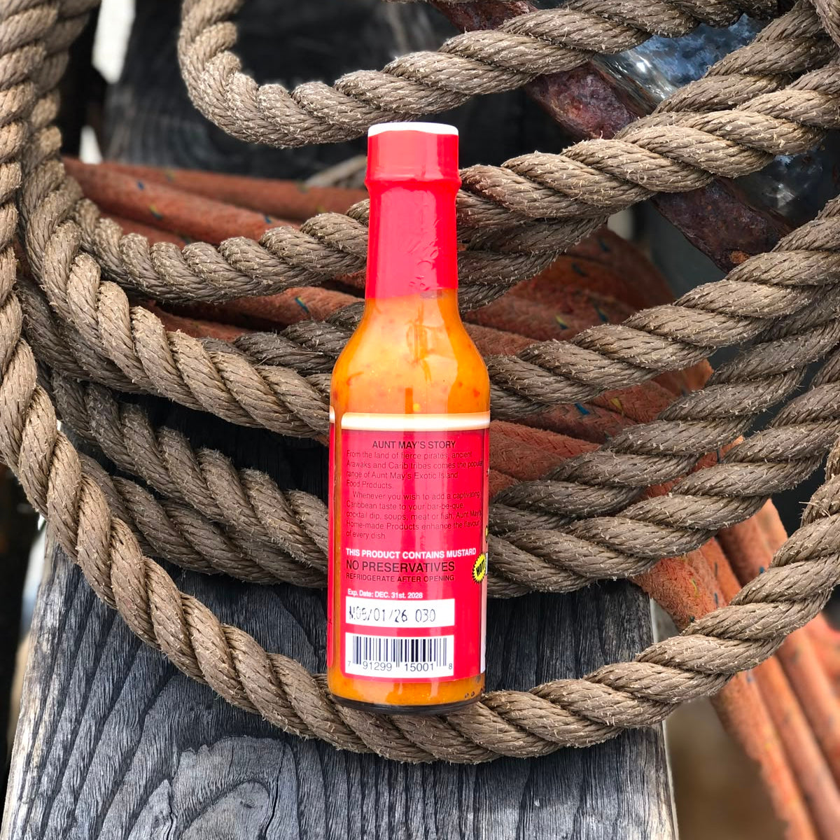 Aunt May' Bajan Pepper Sauce from Barbados. Back of the bottle.